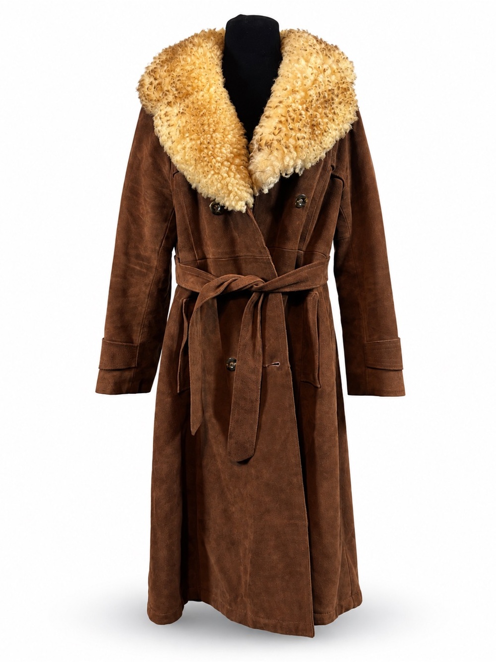Vintage Sears Genuine Suede Penny Lane Long Coat Brown Sherpa Collar Boho Sz 20
